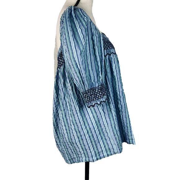 Faherty Medium Peasant Top Striped Puff Sleeves Smocked Square Neck Blue Multi - Picture 4 of 9